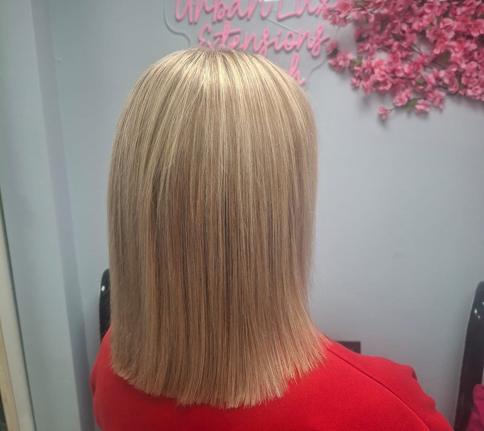 Blunt blonde bob haircut finished at Luxe Hair Midleton