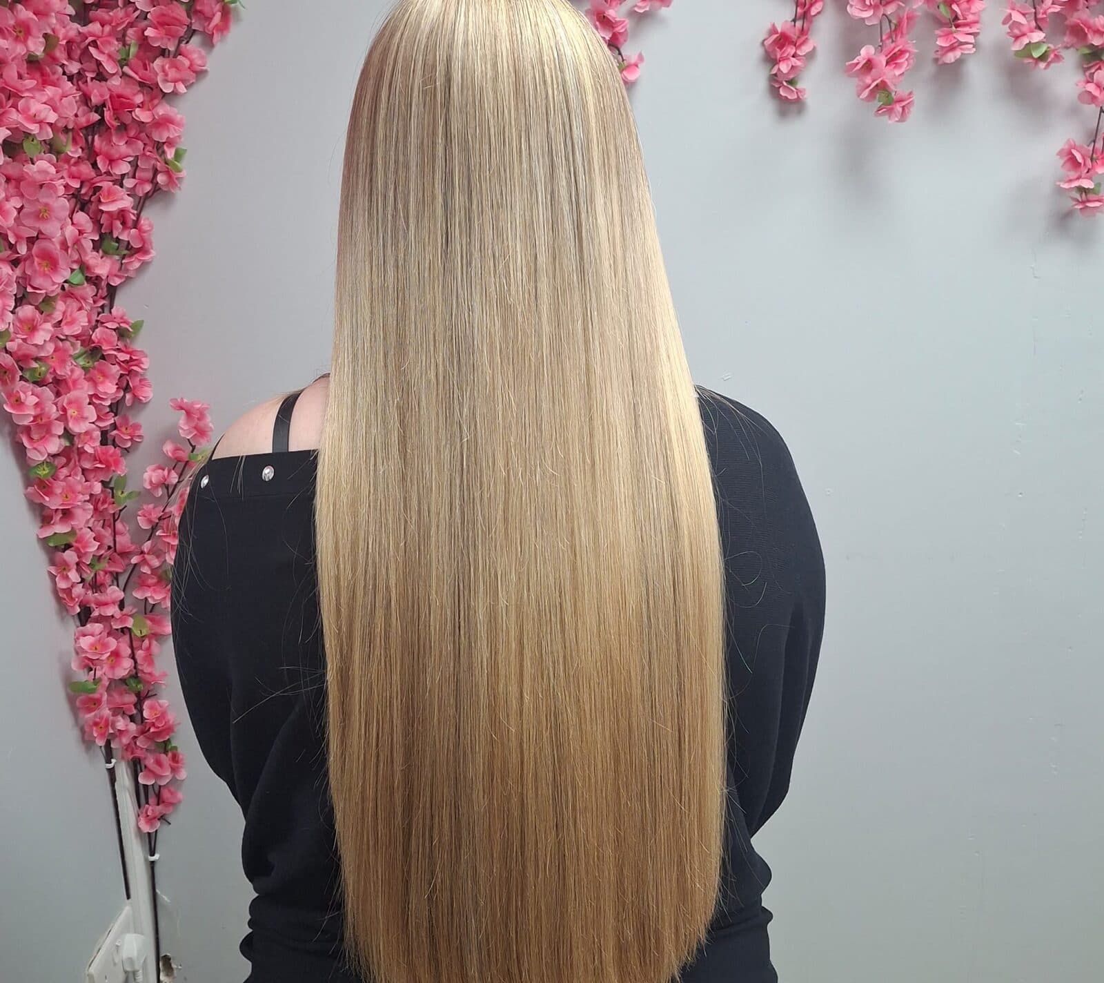 Long straight blonde hair extensions blended at Luxe Hair Midleton